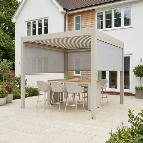PergoSTET Plus 3x3m Aluminum Pergola with LED Lights & 3 Manual Blinds - Latte