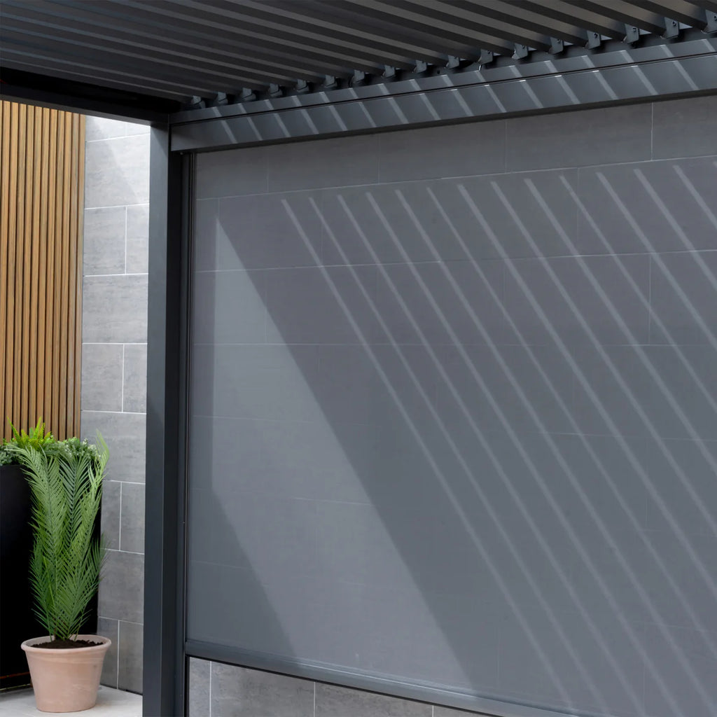 PergoSTET Deluxe 3m x 3m Square Pergola with Motorised LED Louvres and 3 Manual Side Blinds in Grey