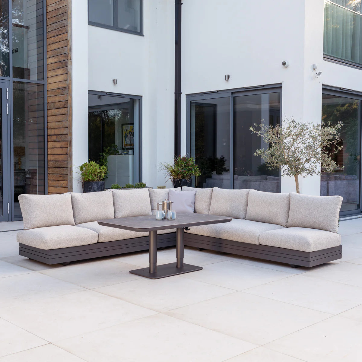 Savona Luxury Outdoor Large Corner Sofa Set with Altura Rising Table in Truffle