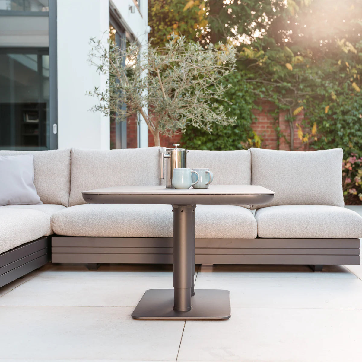 Savona Luxury Outdoor Large Corner Sofa Set with Altura Rising Table in Truffle