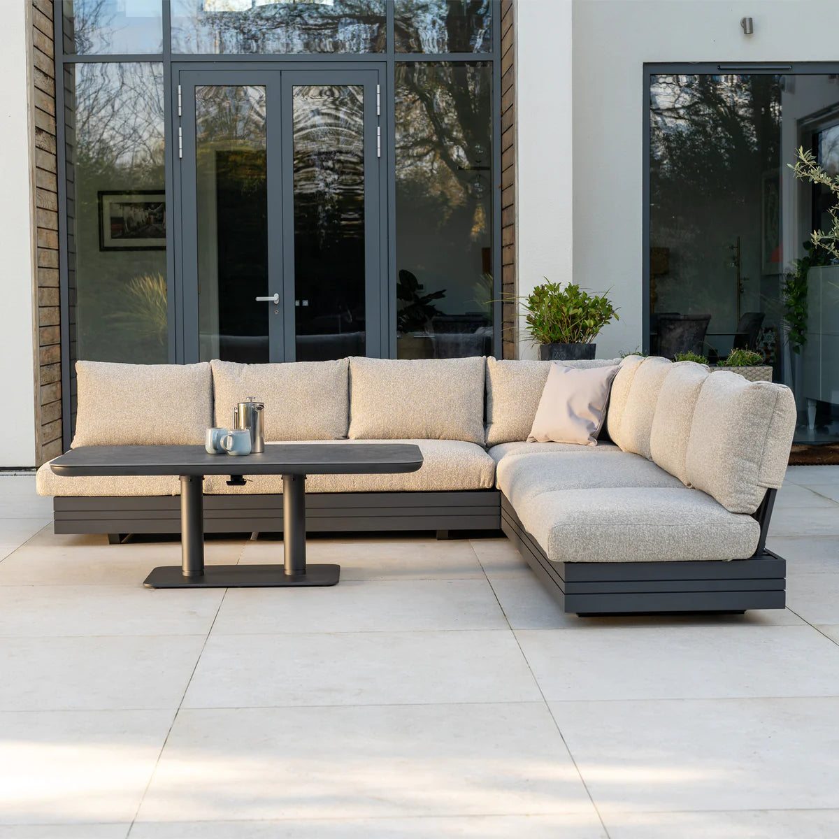 Savona Luxury Outdoor Large Corner Sofa Set with Altura Rising Table in Truffle