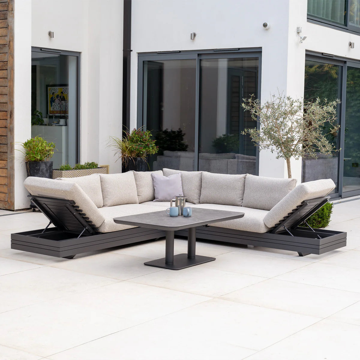 Savona Luxury Outdoor Large Corner Sofa Set with Altura Rising Table in Truffle