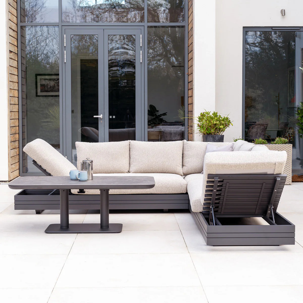 Savona Luxury Outdoor Large Corner Sofa Set with Altura Rising Table in Truffle