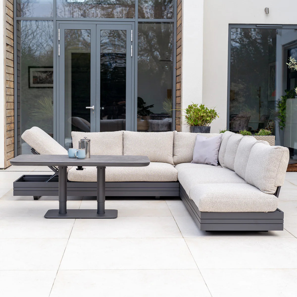 Savona Luxury Outdoor Large Corner Sofa Set with Altura Rising Table in Truffle