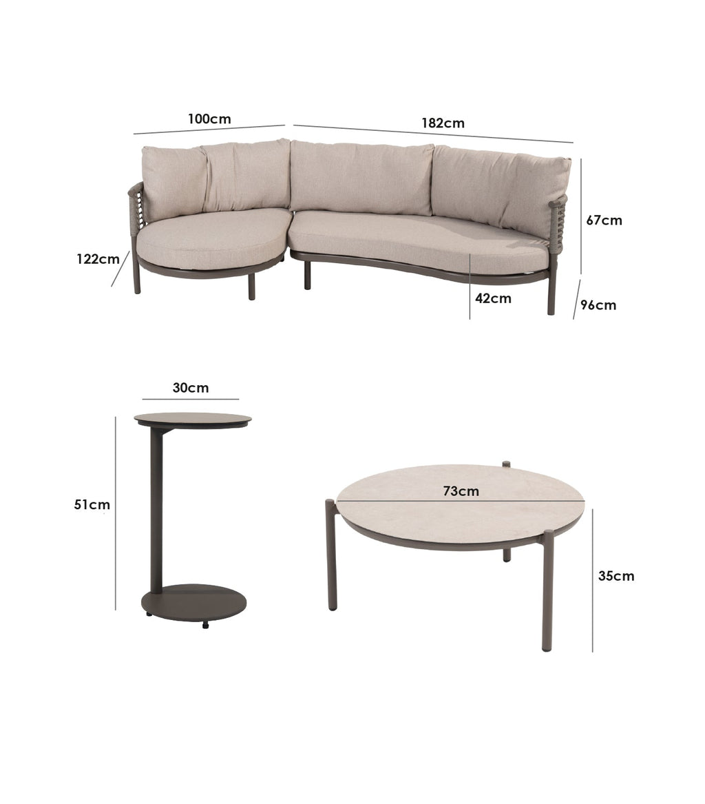 Sutera Curved Chaise Sofa Set in Putty