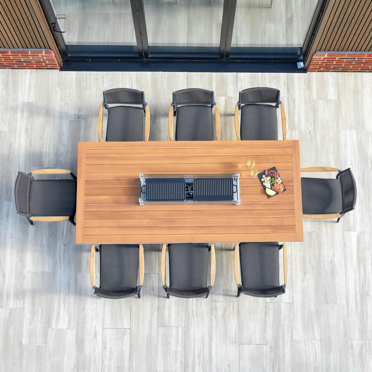 Tellaro 8 Seat Rectangular Teak Firepit Dining Set in Charcoal