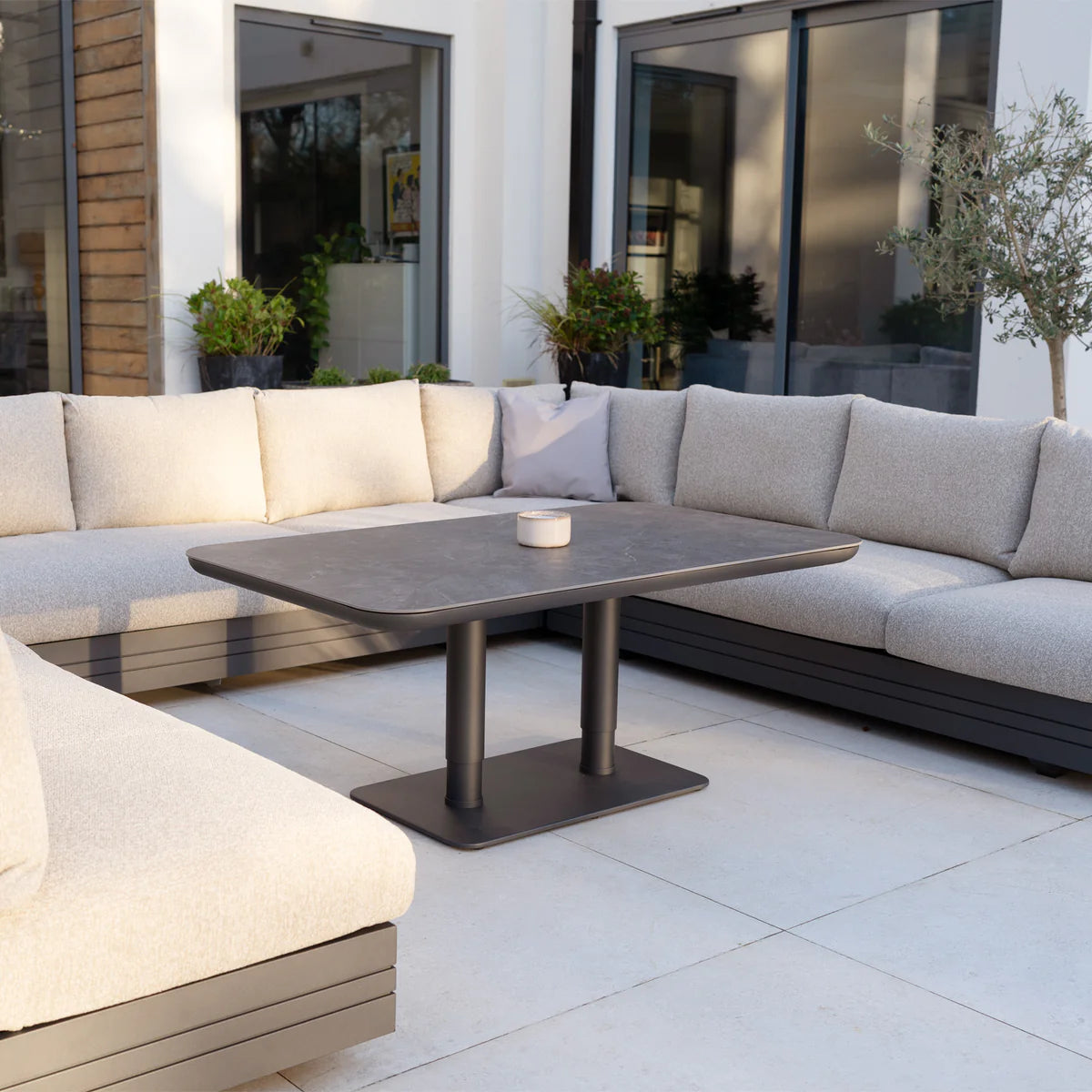 Savona Luxury Outdoor Large U-Shape Corner Sofa Set with Altura Rising Table in Truffle