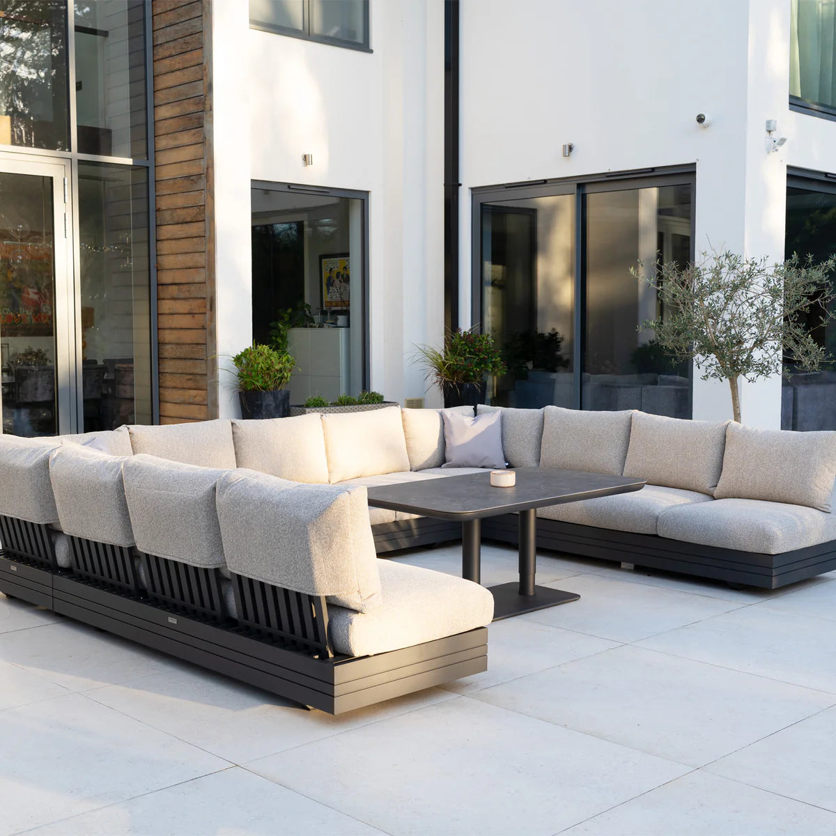Savona Luxury Outdoor Large U-Shape Corner Sofa Set with Altura Rising Table in Truffle