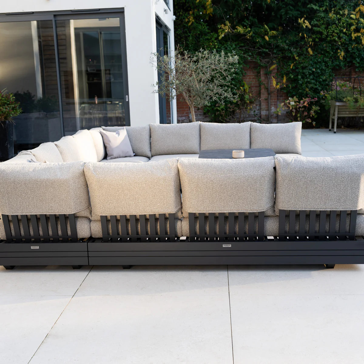Savona Luxury Outdoor Large U-Shape Corner Sofa Set with Altura Rising Table in Truffle