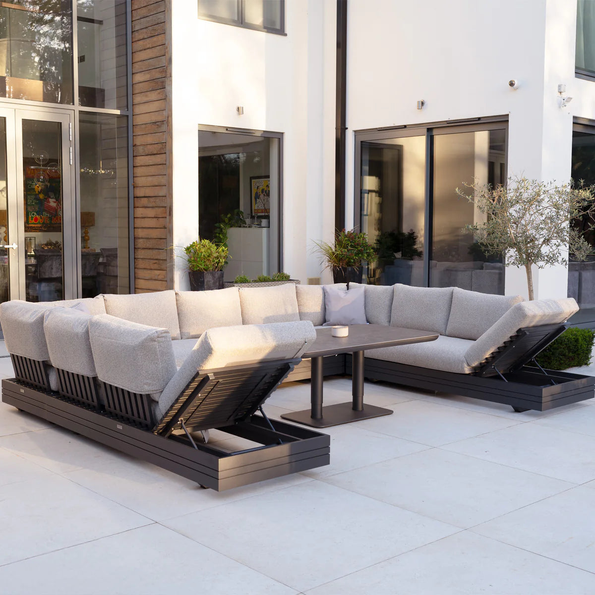 Savona Luxury Outdoor Large U-Shape Corner Sofa Set with Altura Rising Table in Truffle