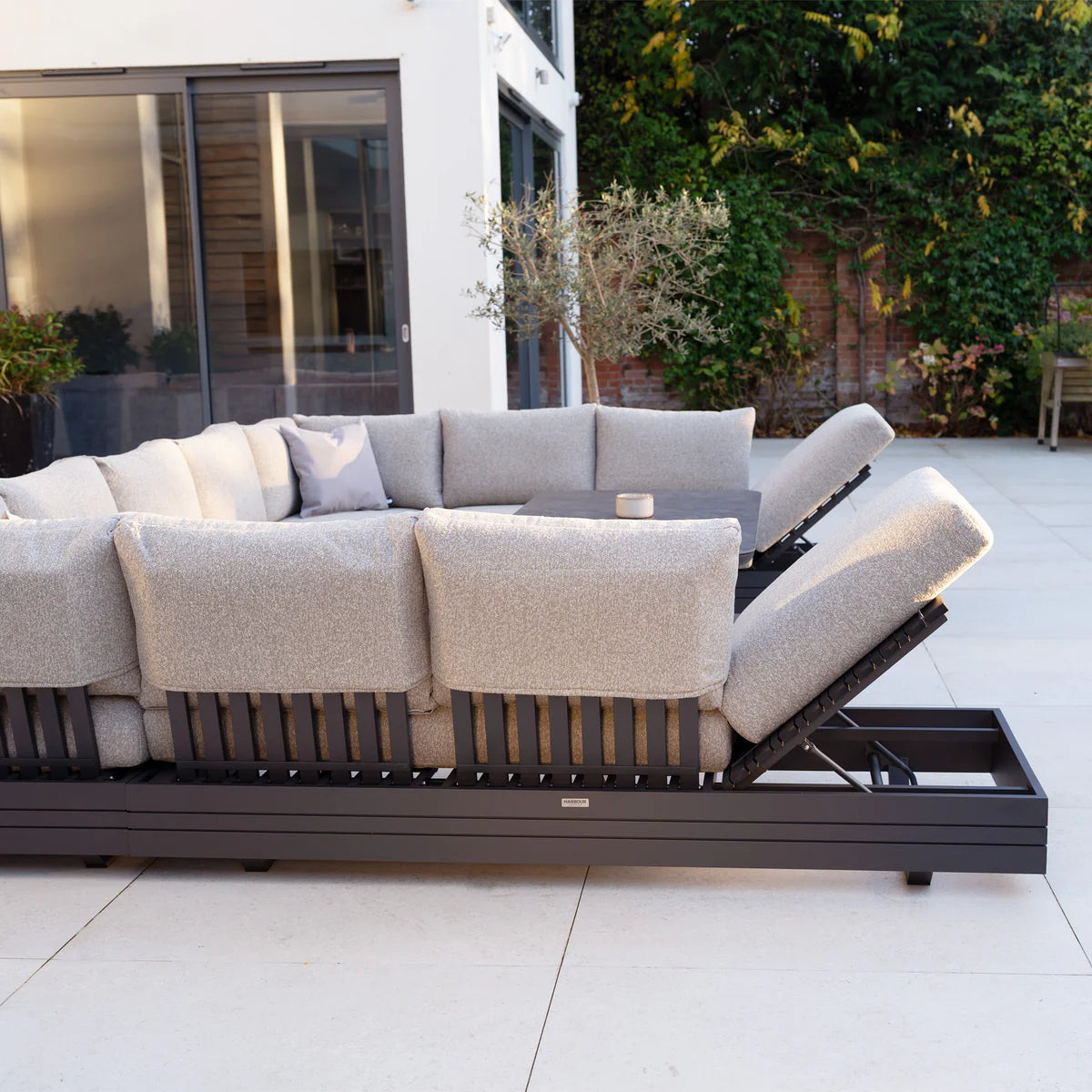 Savona Luxury Outdoor Large U-Shape Corner Sofa Set with Altura Rising Table in Truffle