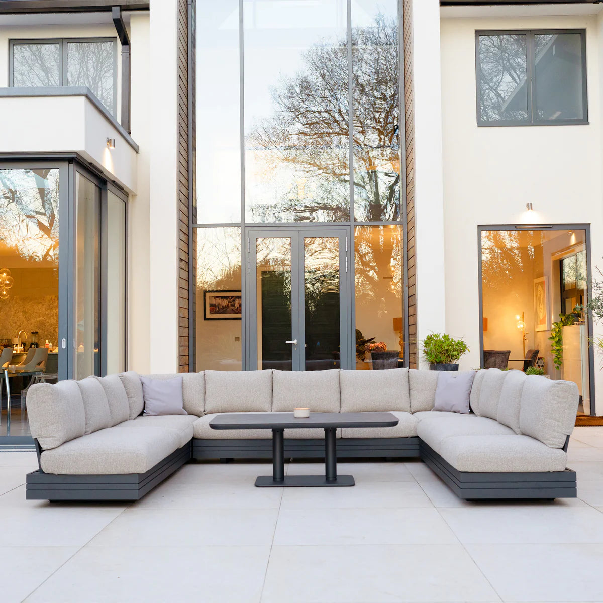 Savona Luxury Outdoor Large U-Shape Corner Sofa Set with Altura Rising Table in Truffle