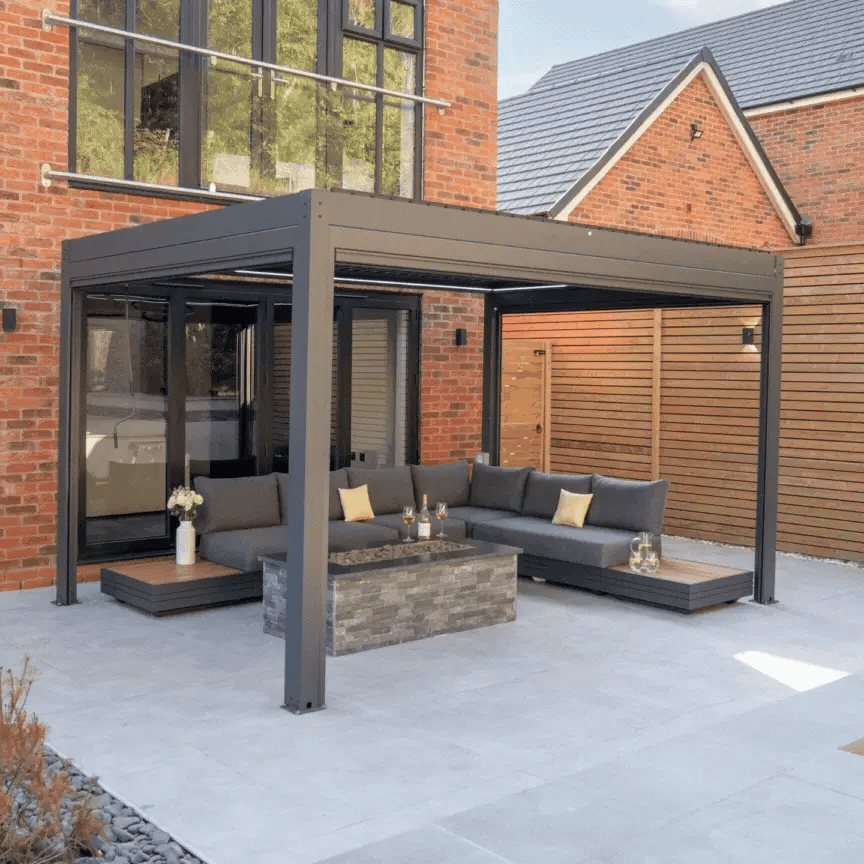 PergoSTET Plus 3m x 4m Rectangular Pergola with 3 Manual Side Blinds and LED Lighting in Grey