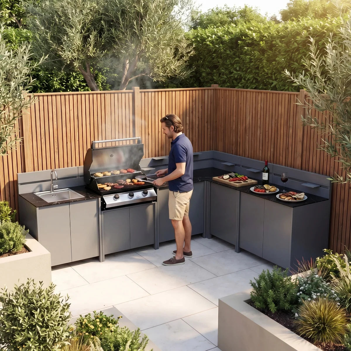 Vesta Modular Corner Outdoor Kitchen with Beefeater 1200E in Grey