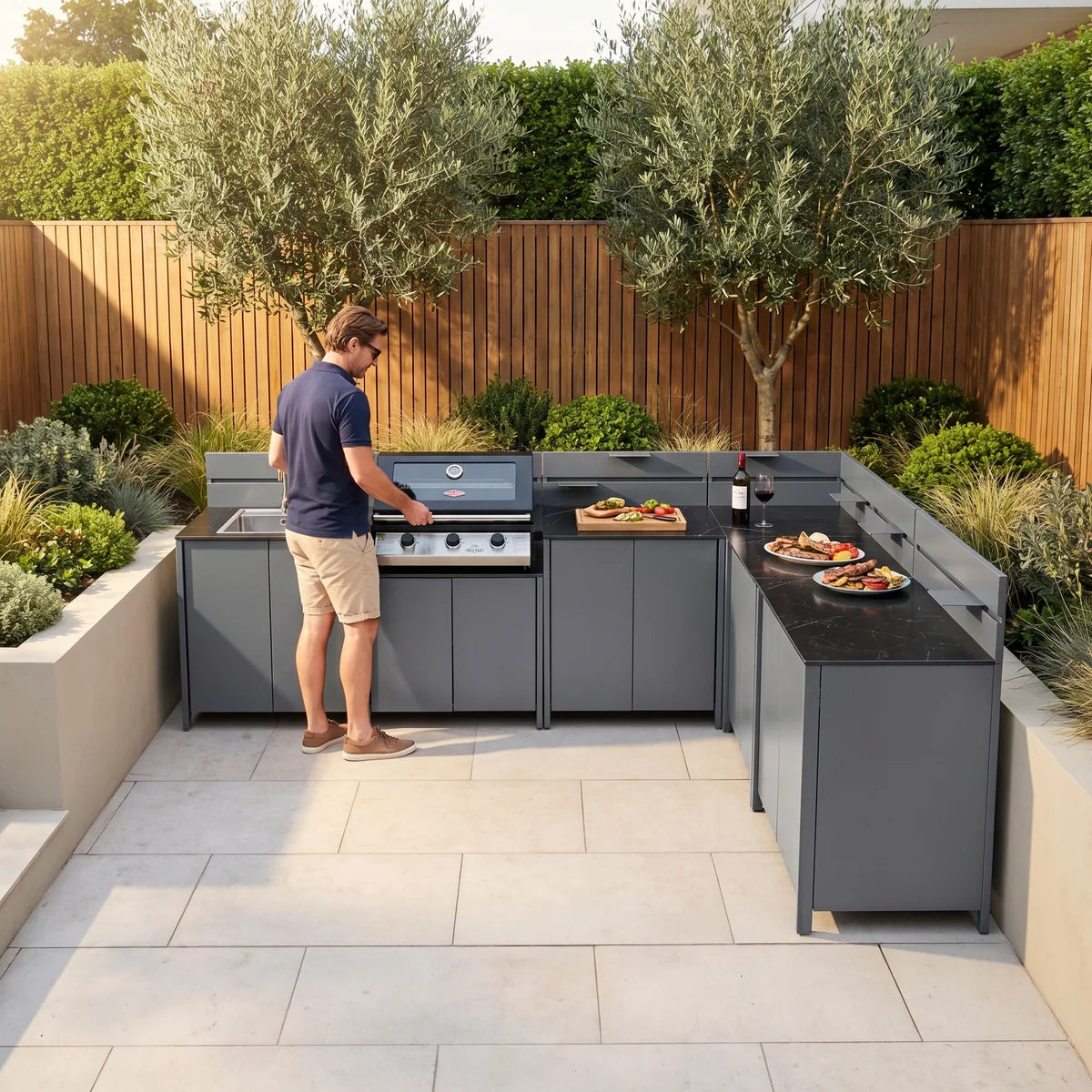 Vesta Modular Corner Outdoor Kitchen with Beefeater 1200E in Grey