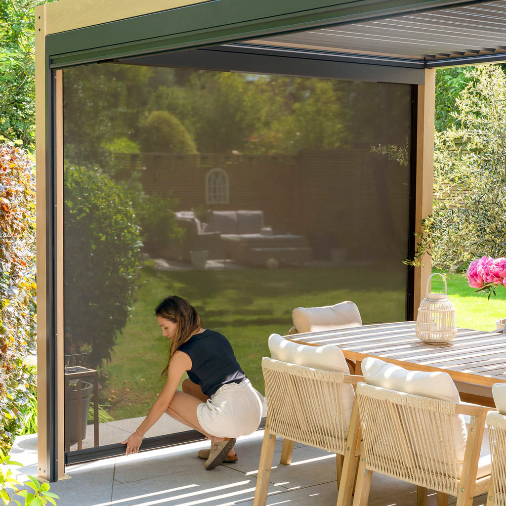 PergoSTET Plus 3m x 4m Rectangular Pergola with 3 Manual Side Blinds and LED Lighting in Wood Effect