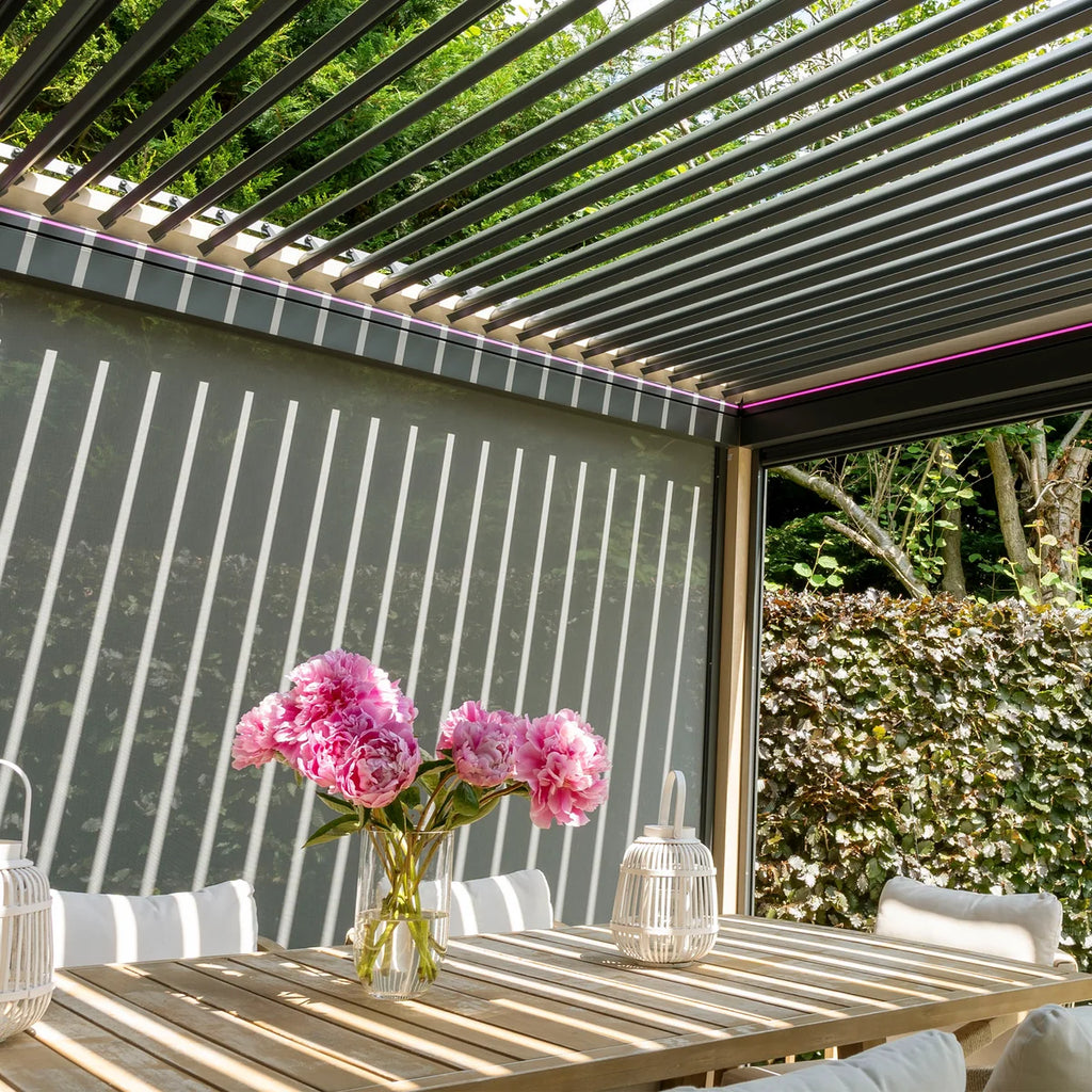 PergoSTET Plus 4m x 4m Square Pergola with 3 Manual Side Blinds and LED Lighting in Wood Effect