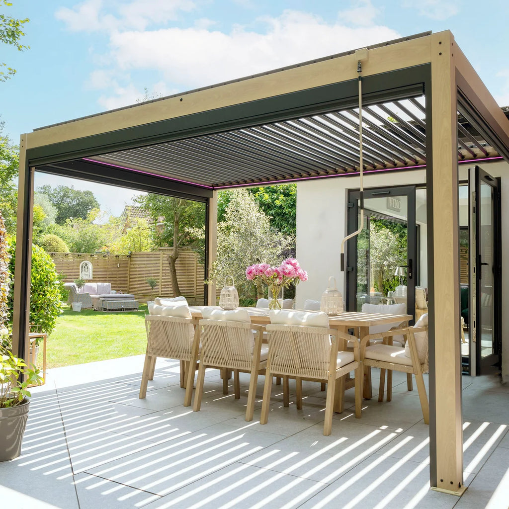 PergoSTET Plus 4m x 4m Square Pergola with 3 Manual Side Blinds and LED Lighting in Wood Effect