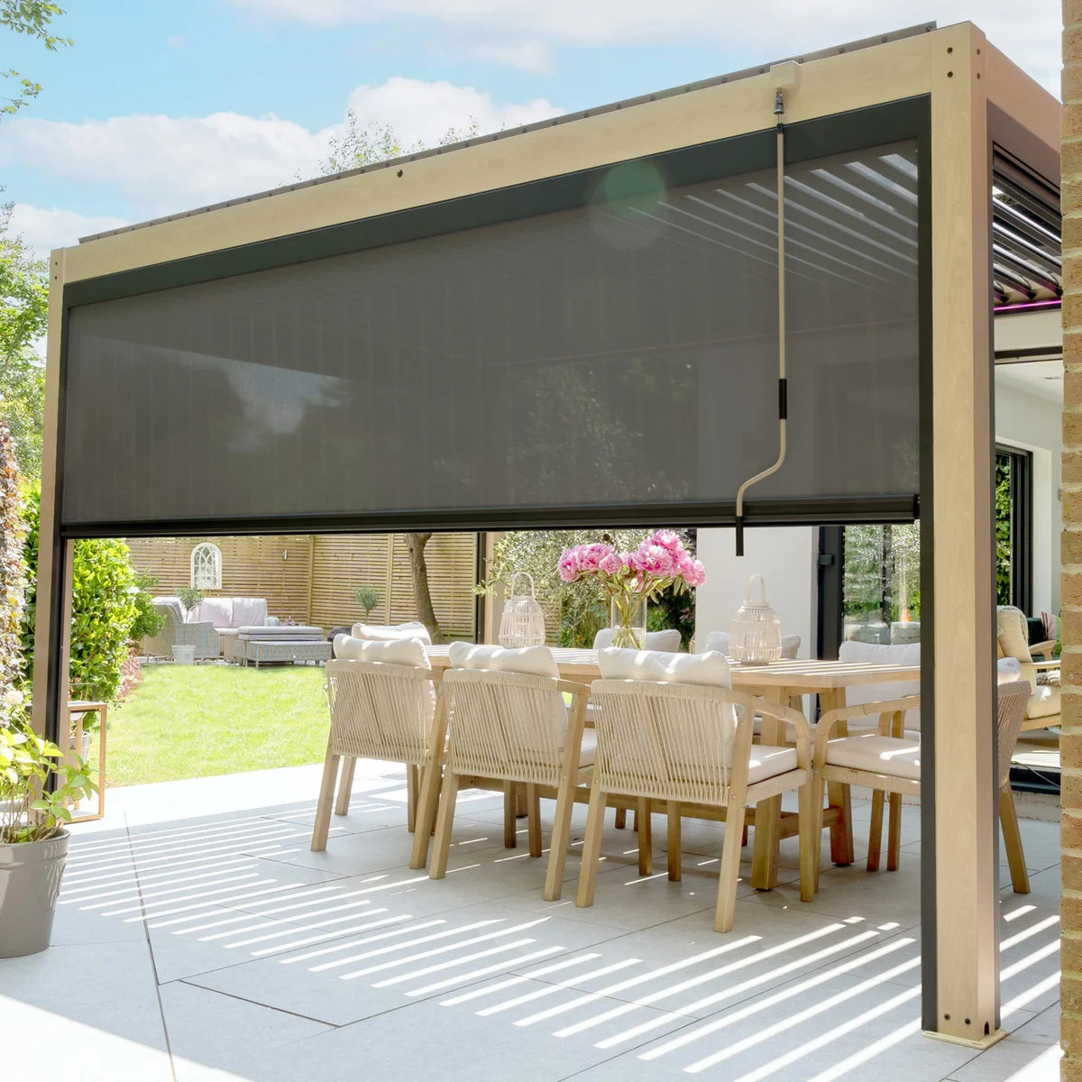 PergoSTET Plus 4m x 4m Square Pergola with 3 Manual Side Blinds and LED Lighting in Wood Effect