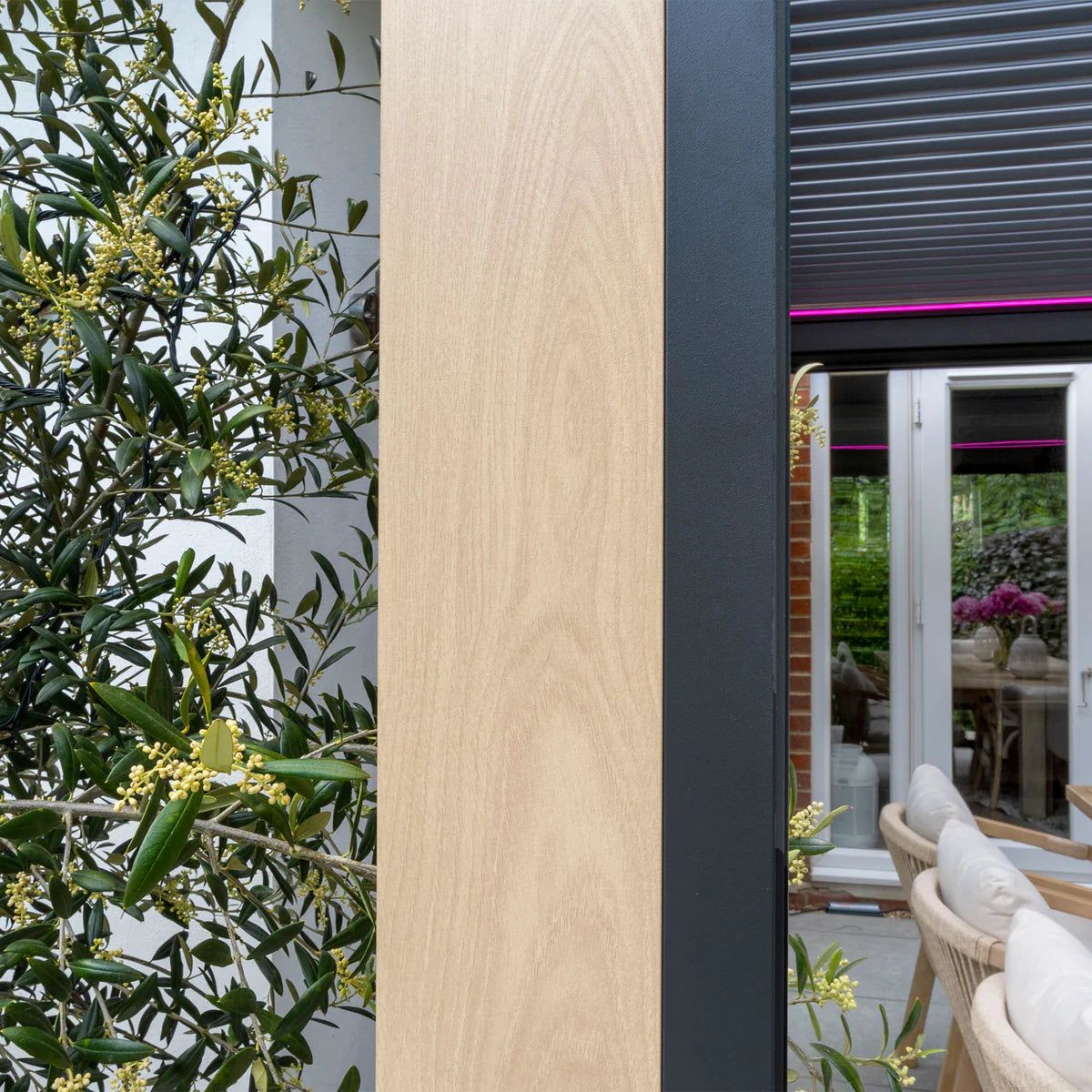 PergoSTET Plus 3m x 4m Rectangular Pergola with 3 Manual Side Blinds and LED Lighting in Wood Effect