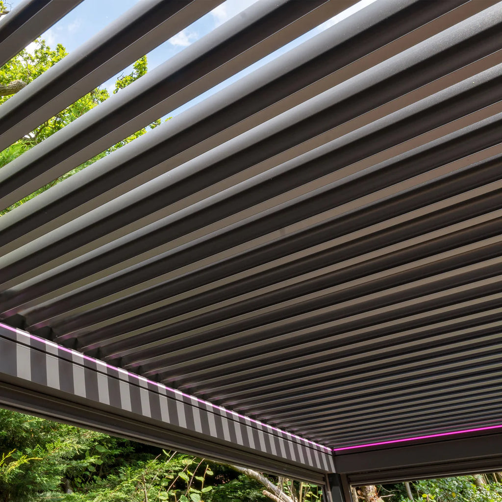 PergoSTET Plus 3m x 3m Square Pergola with 3 Manual Side Blinds and LED Lighting in Grey