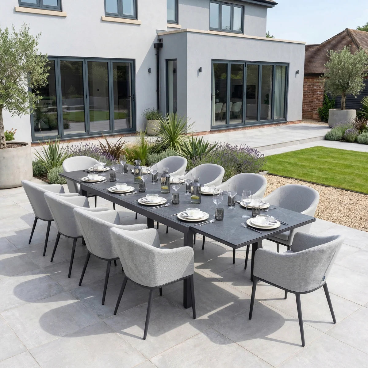 Luna 8 Seat Outdoor Fabric Extending Ceramic Dining Set in Oyster Grey