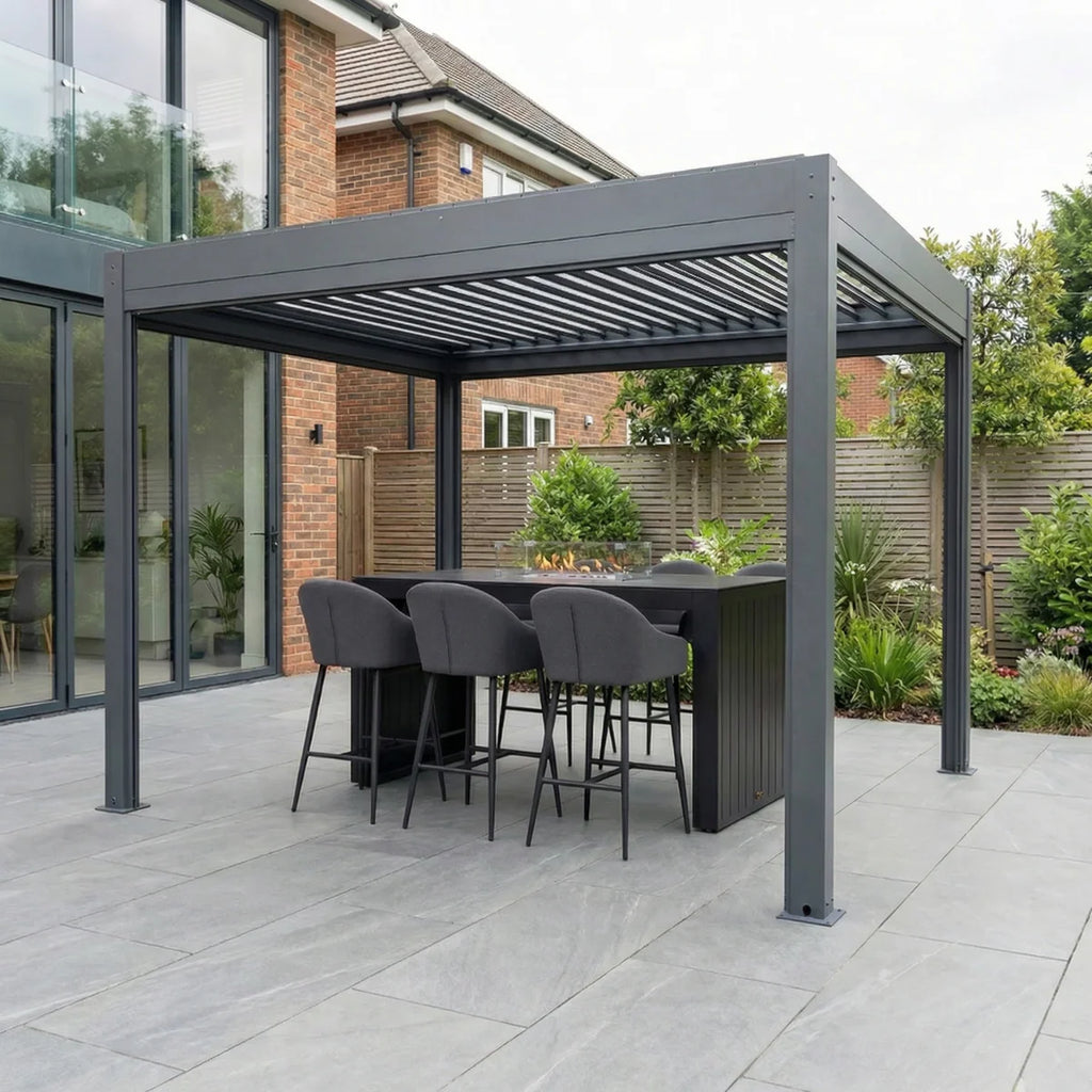 PergoSTET Plus 3m x 3m Square Pergola with 3 Manual Side Blinds and LED Lighting in Grey