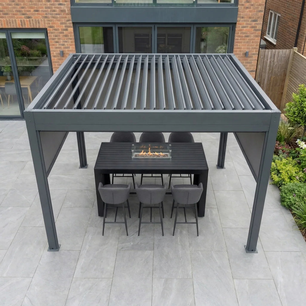 PergoSTET Plus 3m x 3m Square Pergola with 3 Manual Side Blinds and LED Lighting in Grey