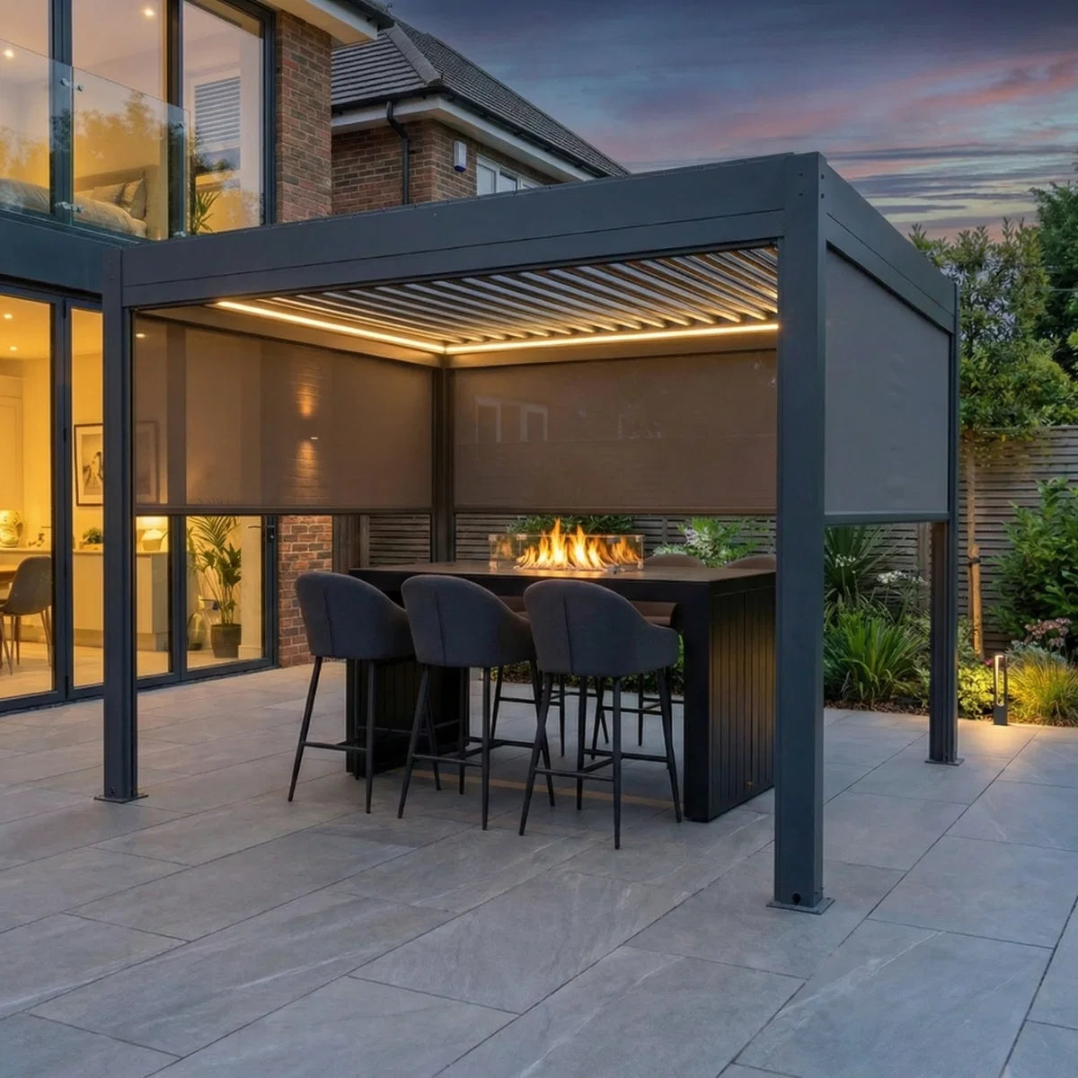 PergoSTET Plus 3m x 3m Square Pergola with 3 Manual Side Blinds and LED Lighting in Grey