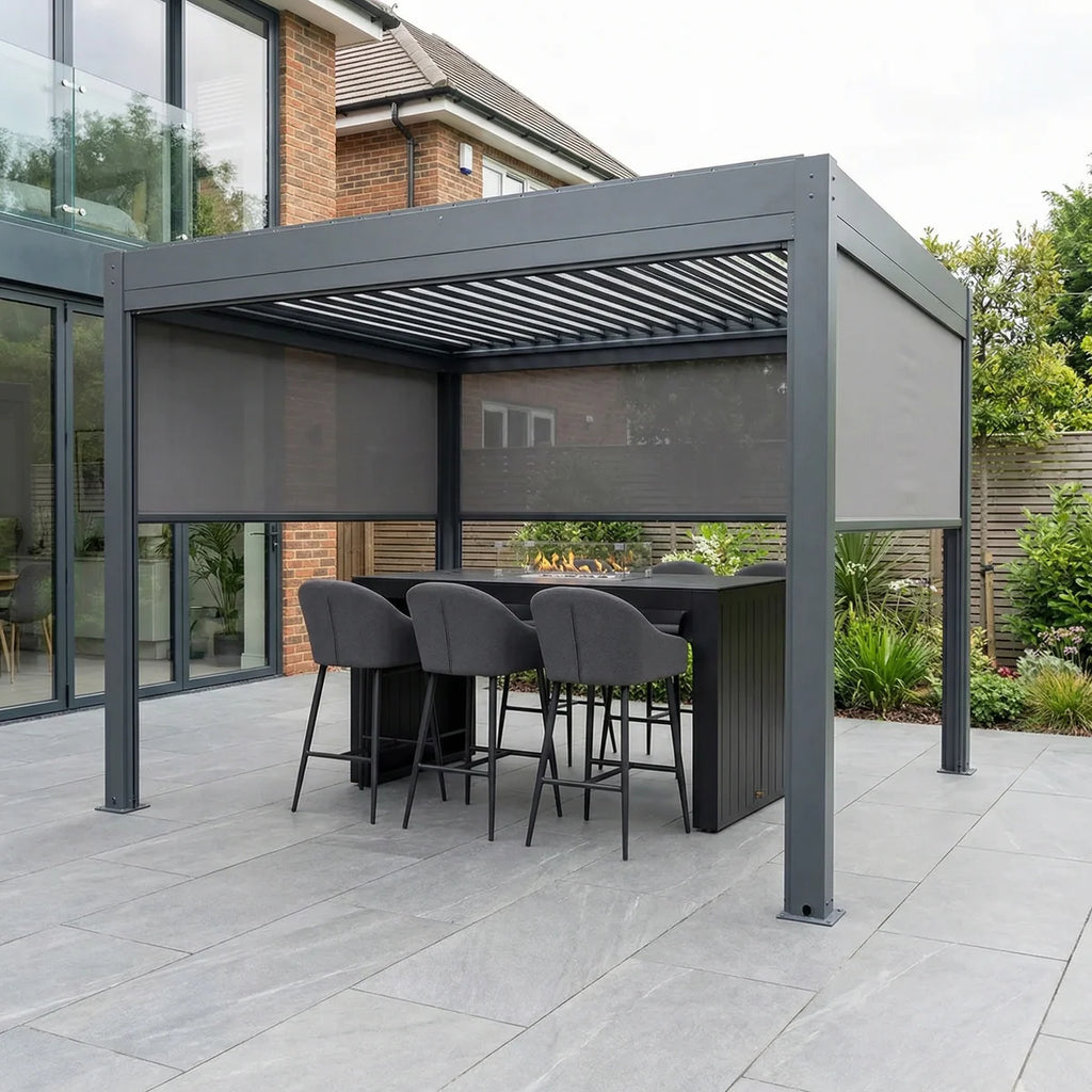 PergoSTET Plus 3m x 3m Square Pergola with 3 Manual Side Blinds and LED Lighting in Grey