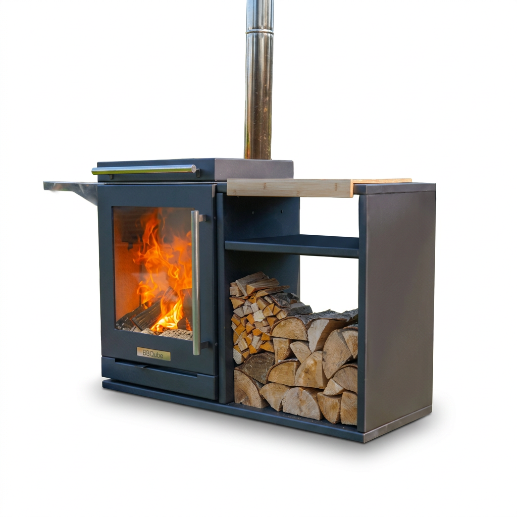 BBQube Mobile Steel Log Store & Side Table with Stainless Steel Shelf