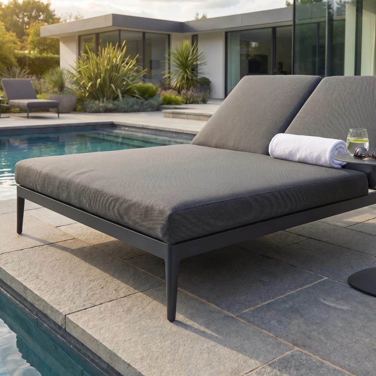 Luna Fabric Double Sun Lounger In Grey All Weather Aluminium Frame With Rust Resistant Powder Coat