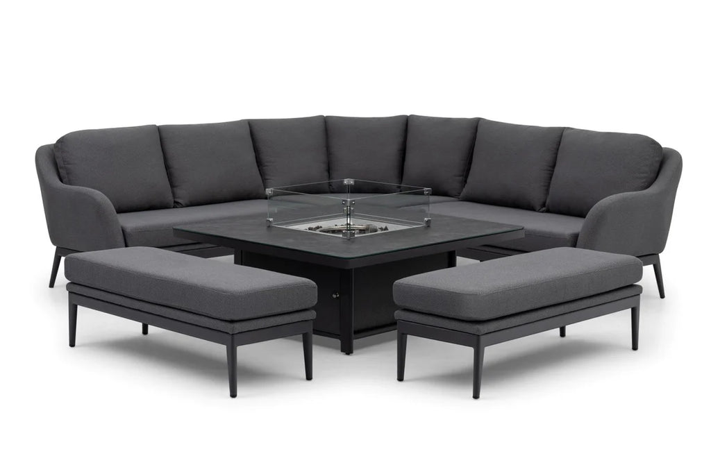 Luna Deluxe Outdoor Fabric Square Corner Dining Set with Rising Firepit Table in Grey
