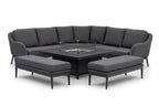 Luna Deluxe Outdoor Fabric Square Corner Dining Set with Rising Firepit Table in Grey