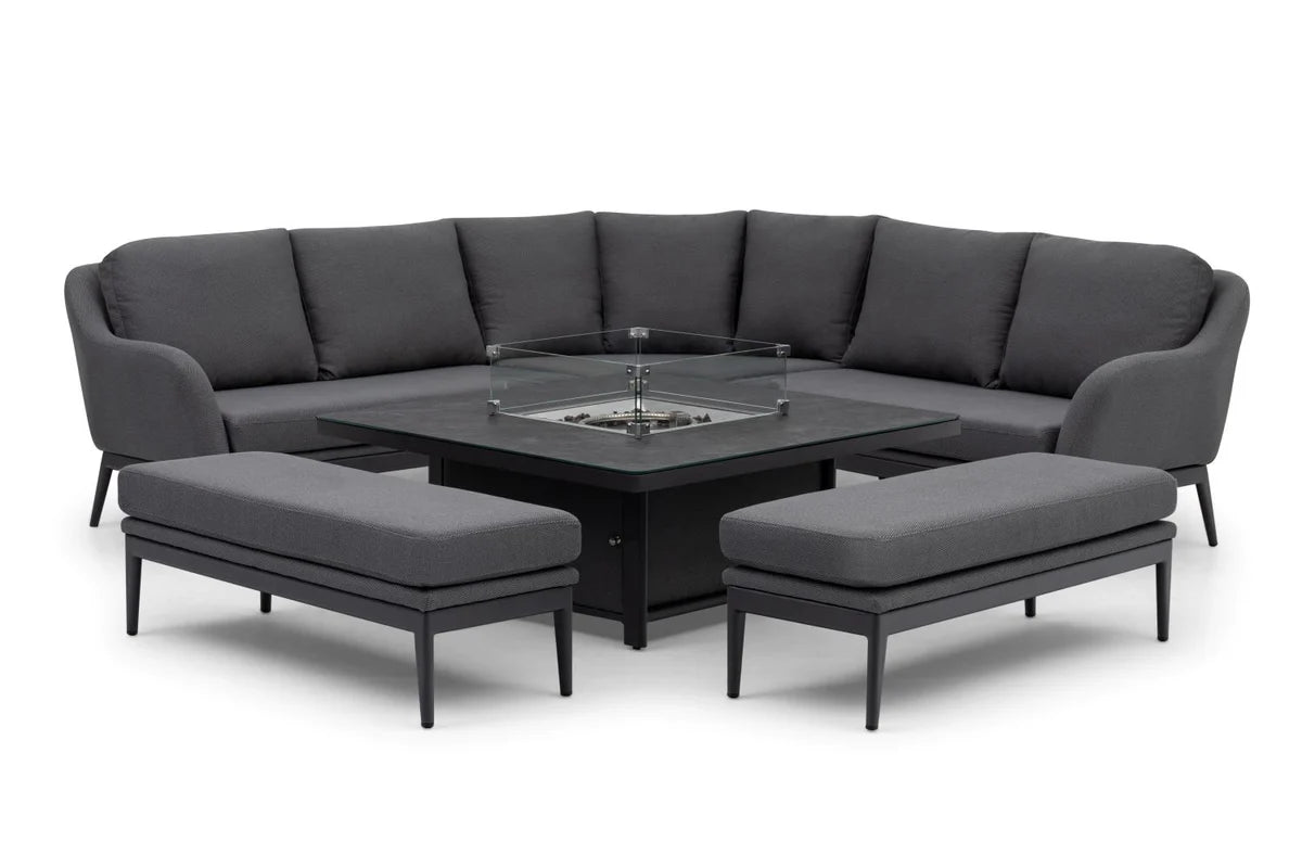 Luna Deluxe Outdoor Fabric Square Corner Dining Set with Rising Firepit Table in Grey