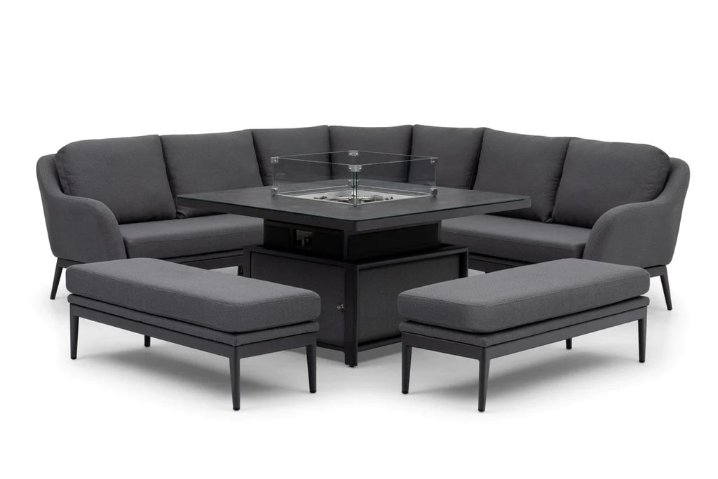 Luna Deluxe Outdoor Fabric Square Corner Dining Set with Rising Firepit Table in Grey