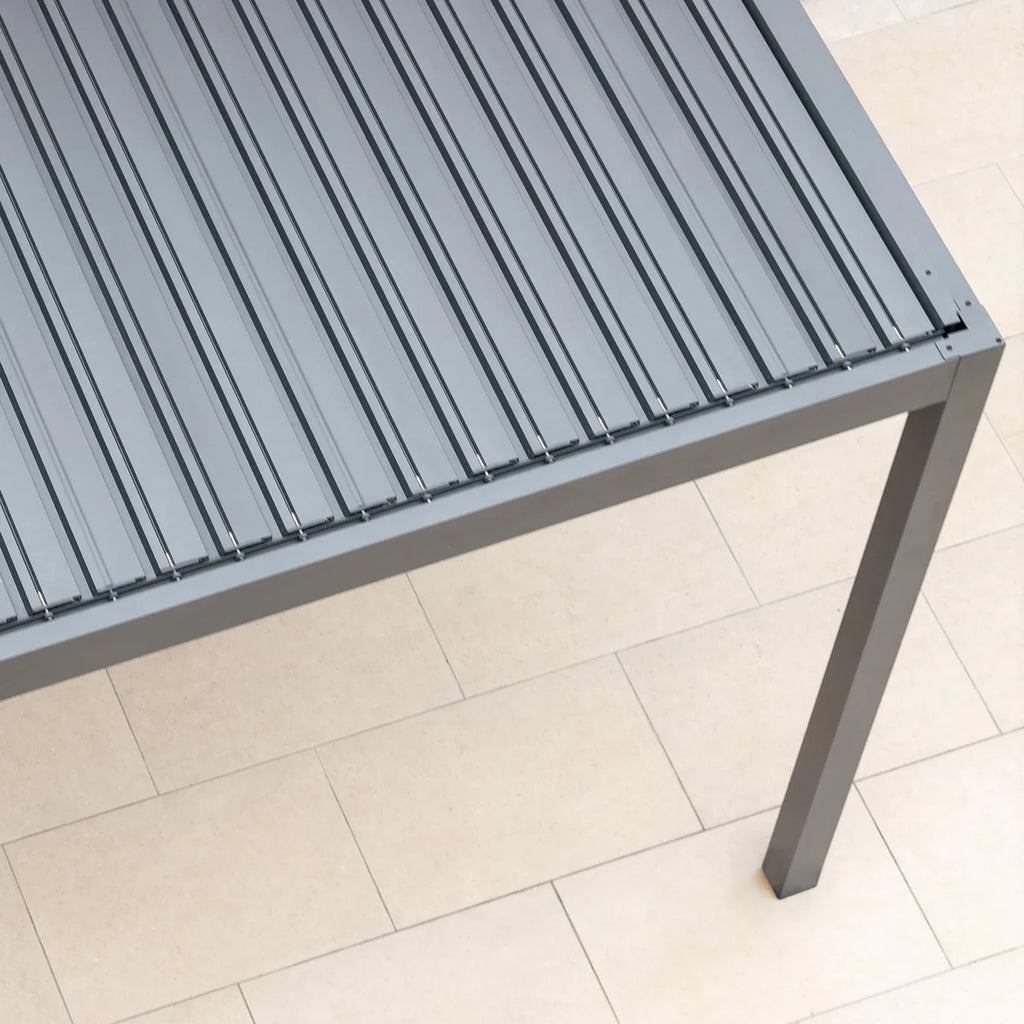 PergoSTET Deluxe 3m x 6m Rectangular Pergola with Motorised LED Louvres, Louvred Side Panels and Manual Side Blinds in Grey