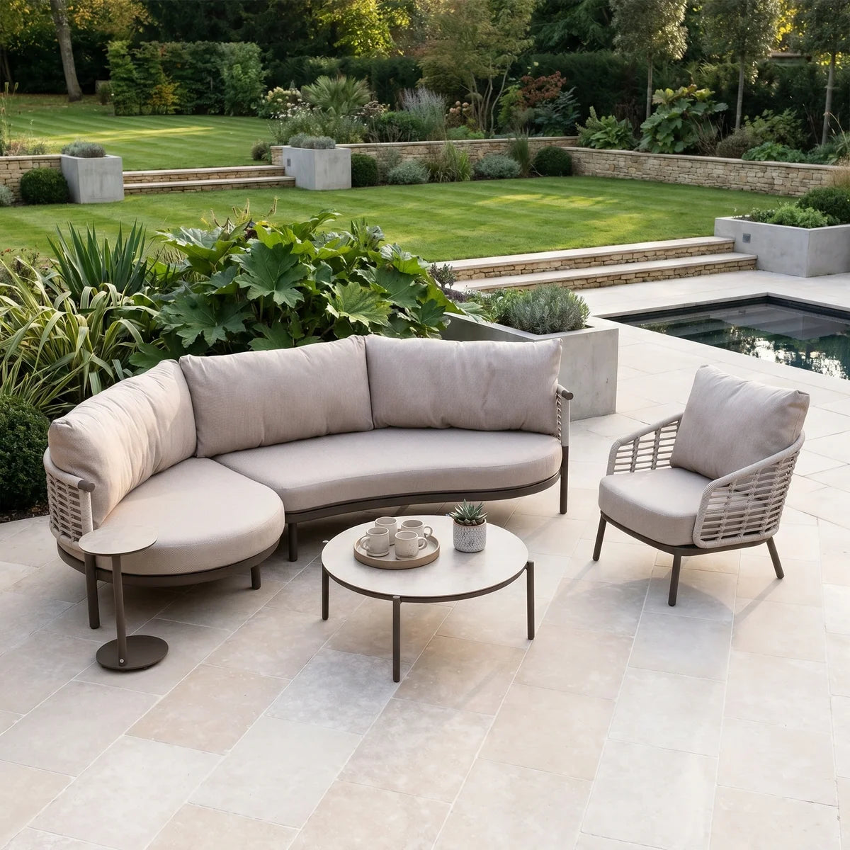Sutera Curved Chaise Sofa Set in Putty