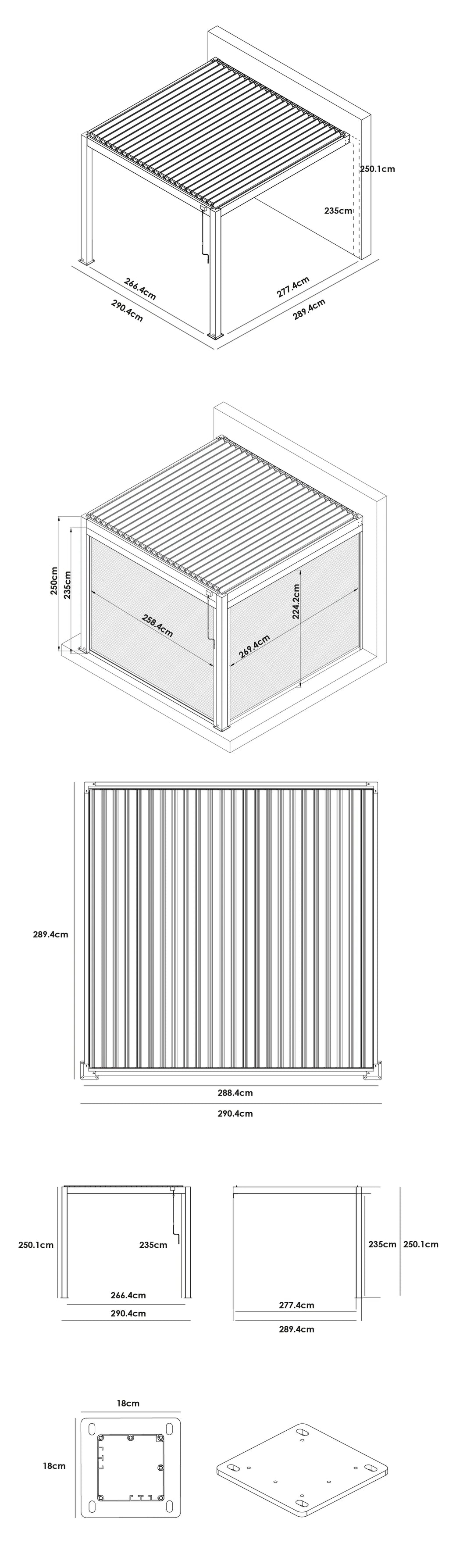 PergoSTET Plus 3m x 3m Square Wall Mounted Pergola with 3 Manual Side Blinds and LED Lighting in Grey