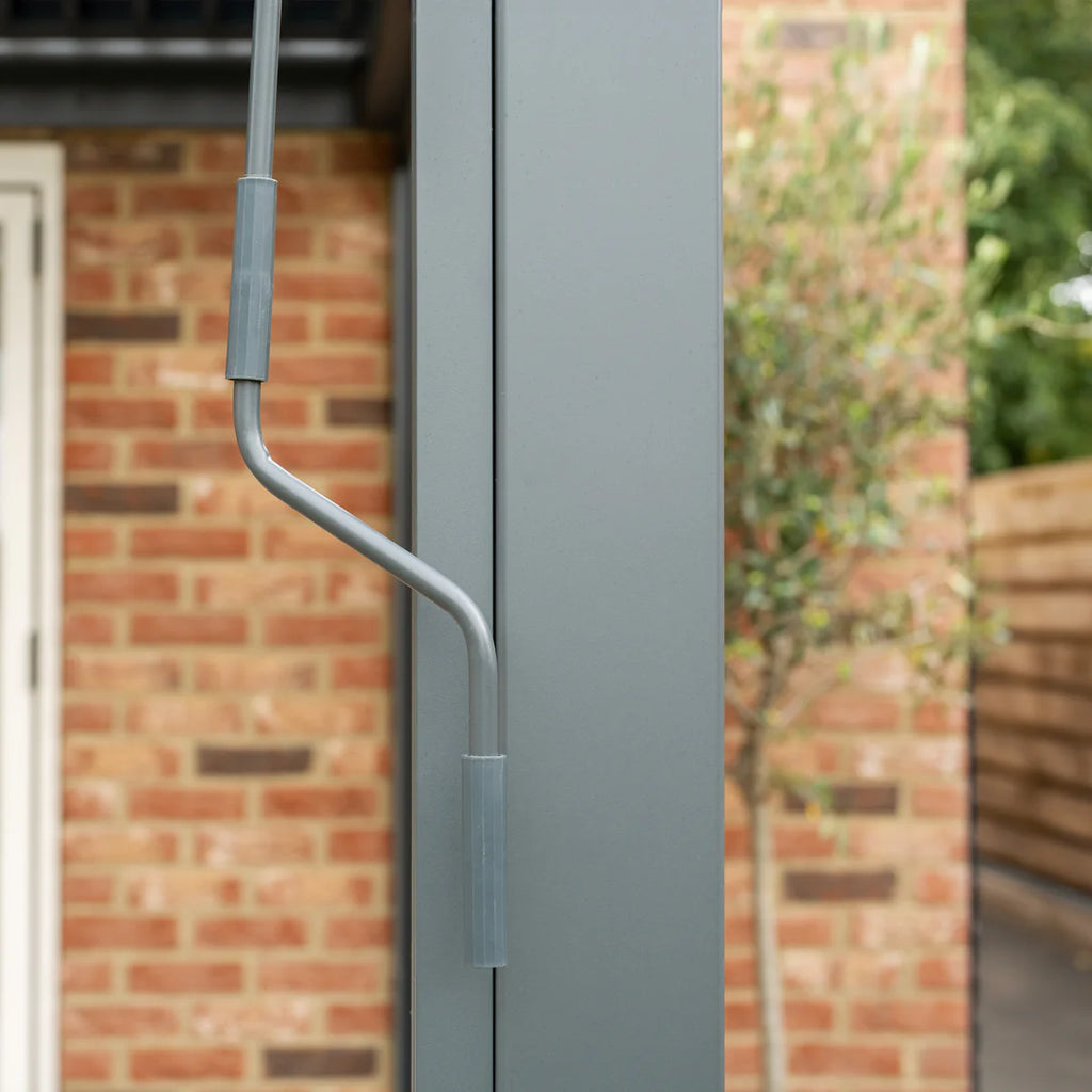 PergoSTET Plus 3m x 3m Square Wall Mounted Pergola with 3 Manual Side Blinds and LED Lighting in Grey