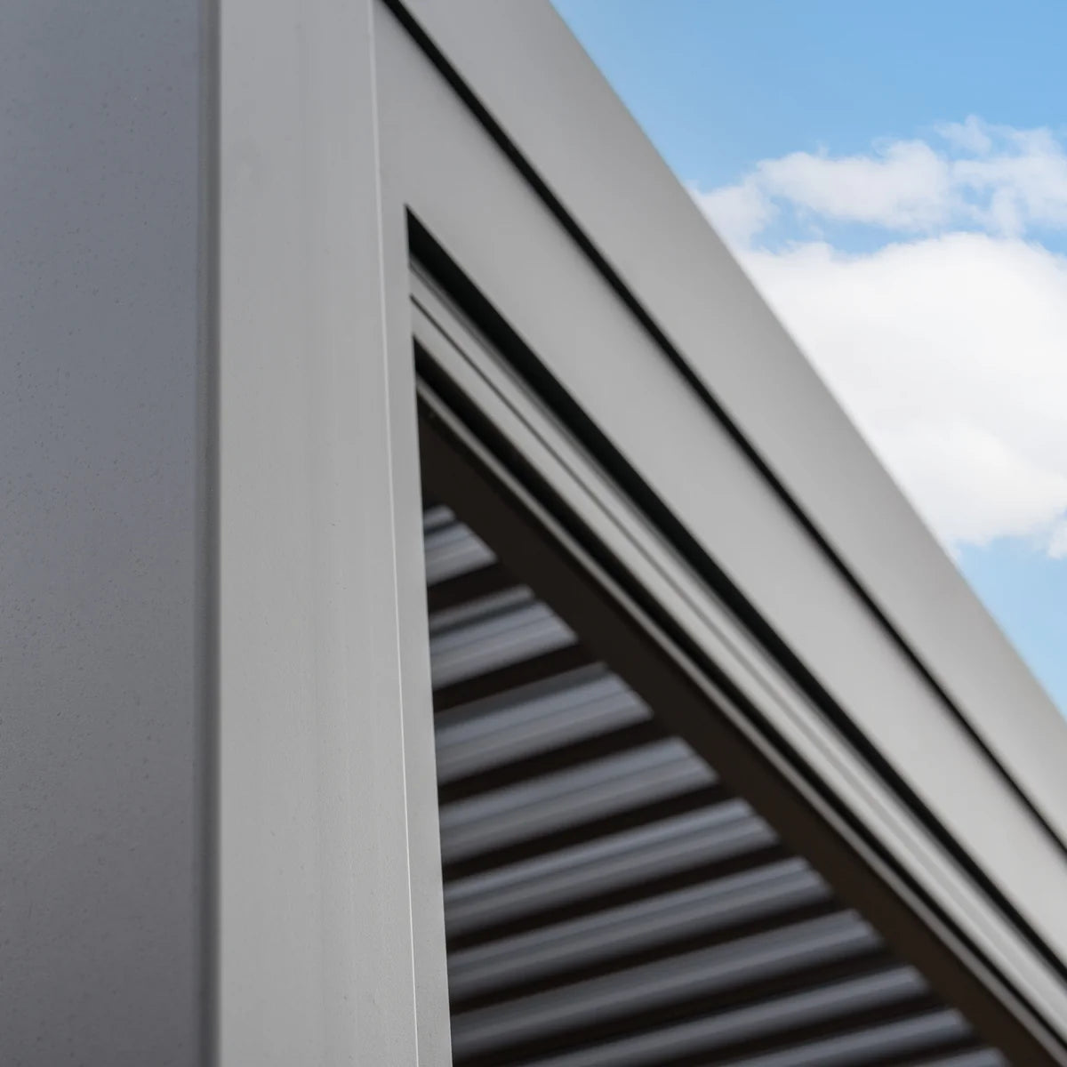 PergoSTET Plus 3m x 3m Square Wall Mounted Pergola with 3 Manual Side Blinds and LED Lighting in Grey