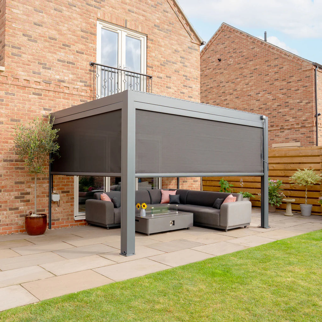 PergoSTET Plus 3m x 4m Rectangular Wall Mounted Pergola With Tilting Louvres And LED Lighting