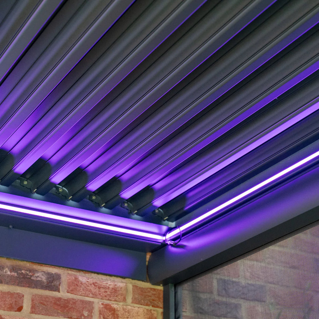 PergoSTET Plus 3m x 4m Rectangular Wall Mounted Pergola With Tilting Louvres And LED Lighting