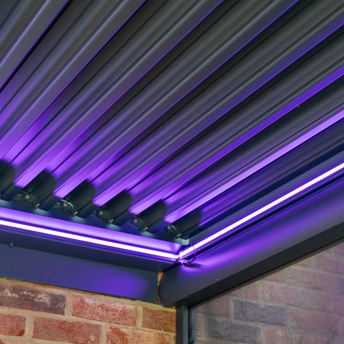 PergoSTET Plus 3m x 3m Square Wall Mounted Pergola with 3 Manual Side Blinds and LED Lighting in Grey